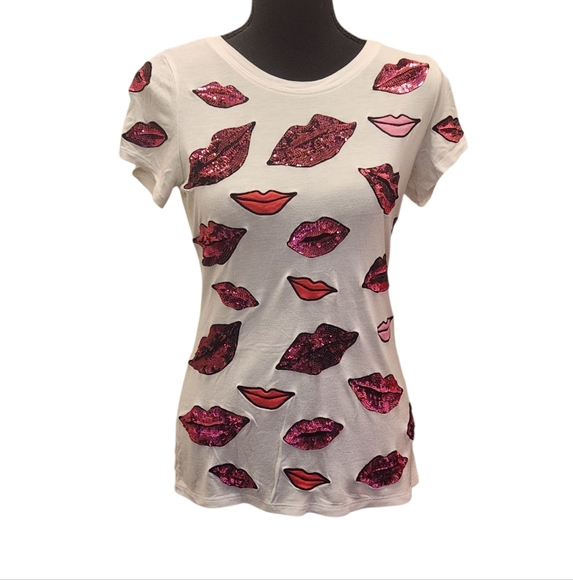 Inc Sequin Lip Print White T-Shirt - Picture 6 of 8